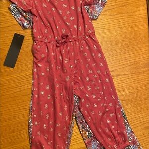 Floral Red Jumpsuits with Patterned Sleeves